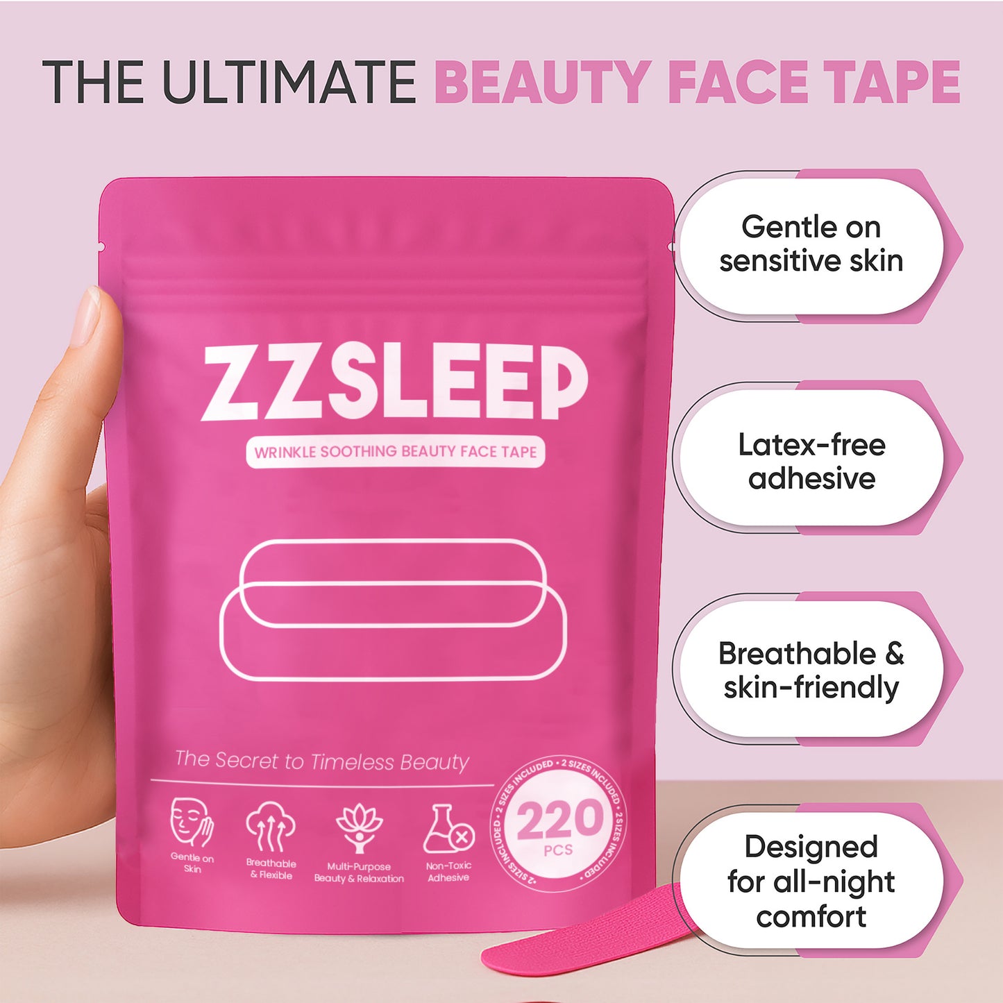 ZZSLEEP Face Tape — Overnight Anti-Wrinkle Patches for Forehead & Smile Lines, Infused with Collagen, Vitamin E & B, Aloe Vera Extract